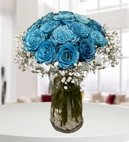 20 Blue Roses Glass Vase Arrangement