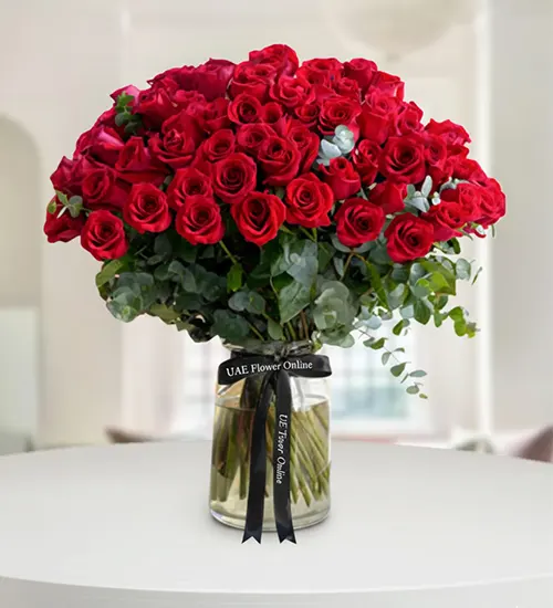 60-70 Red Rose Glass Vase Arrangement