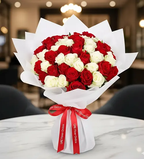 50 Red and White Roses Bouquet