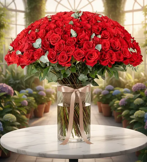 100 Red Roses in Glass Vase – Valentine Luxury Edition