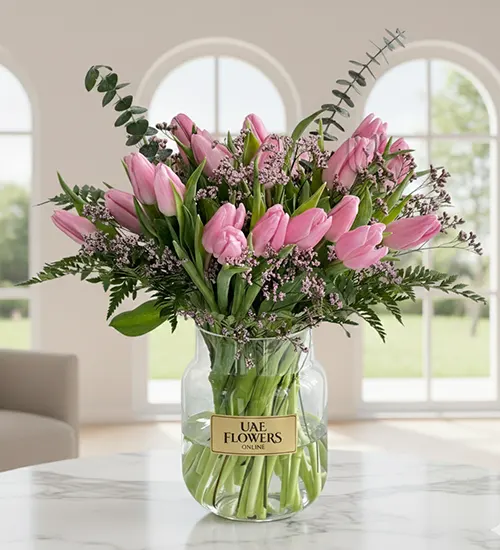 30 Pink Tulips Glass Vase Arrangement