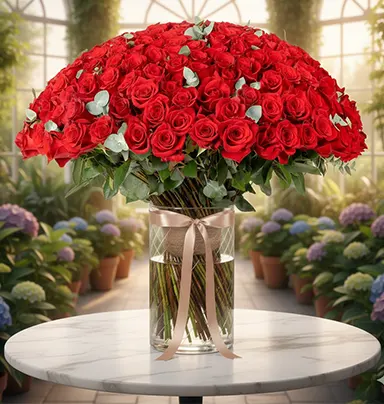 100 Red Roses in Glass...